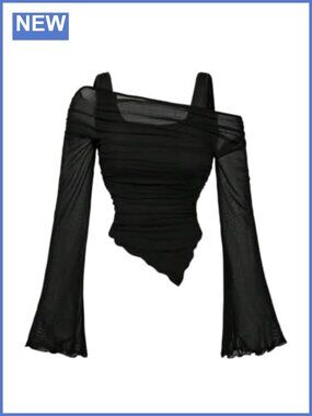 Plus Size Off The Shoulder 2 in 1 Mesh Bell Sleeve Slim Fit Top